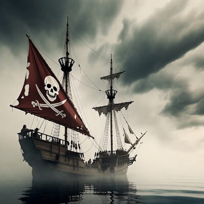 Pirate Ship with Skull Flag in Foggy Sea
