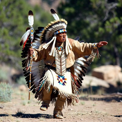 Indigenous man dancing in Native American attire