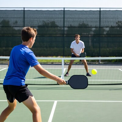Boy hitting pickleball in match