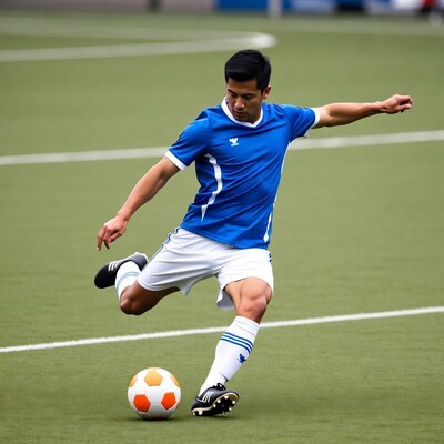 Asian man kicking soccer ball