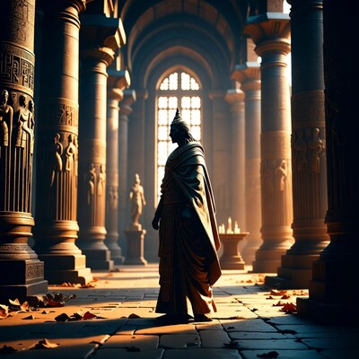 Woman in ancient temple hall