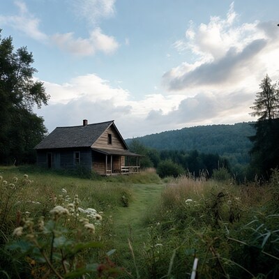 Old wooden cabin in mountain meadow