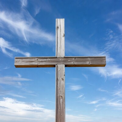 Wooden cross against blue sky