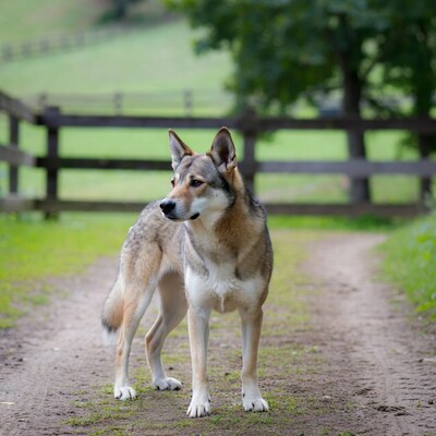 Czechoslovakian Wolfdog standing by fence