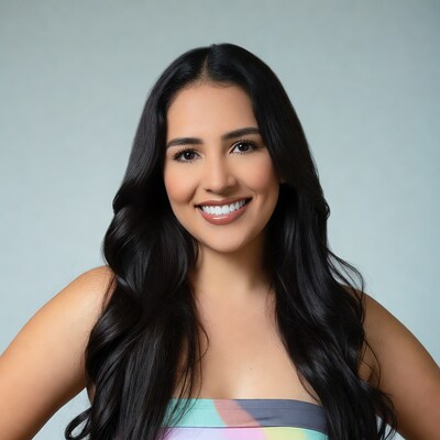 Smiling Latina woman in colorful tube top