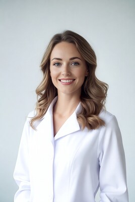 Smiling woman in white lab coat