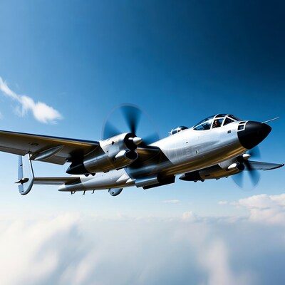 Silver Twin-Engine Propeller Plane Flying