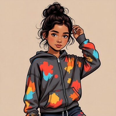 Girl with bun touching hair in hoodie