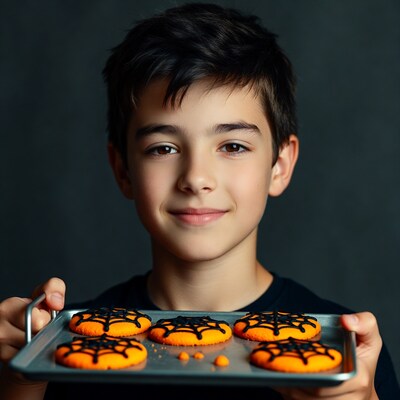 Boy holding Halloween spiderweb cookies