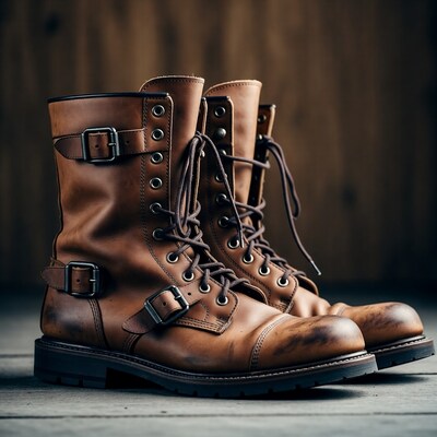 Brown Leather Combat Boots Pair