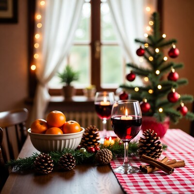 Christmas Table with Wine Oranges Pinecones