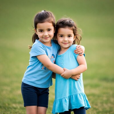 Two girls hugging on grass