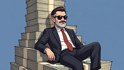 Man sitting on money stack