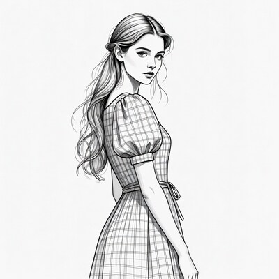 Blonde woman in checkered dress