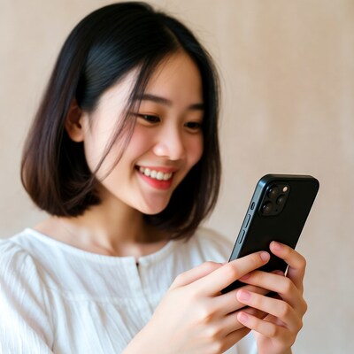 Asian woman smiling at smartphone