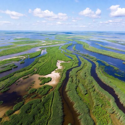 Aerial View of Meandering Wetland Rivers