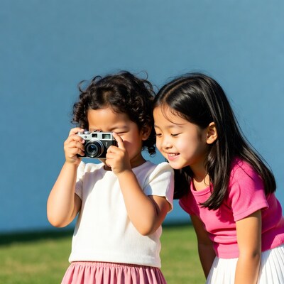 Asian girls playing with camera outdoors