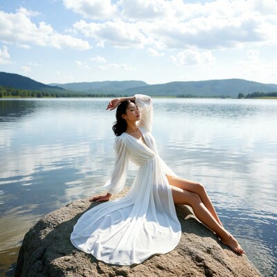 Asian woman in white dress by lake
