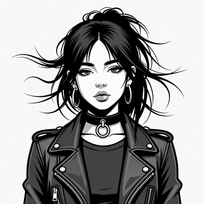 Woman in leather jacket with flowing hair