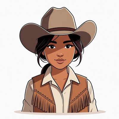 Cartoon Asian woman in cowboy hat