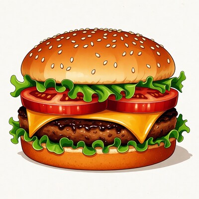 Illustrated Cheeseburger with Lettuce and Tomato