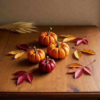 Autumn Pumpkins with Leaves and Wheat