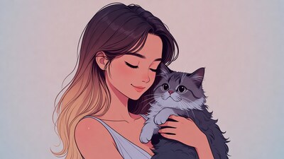 Woman holding gray cat illustration