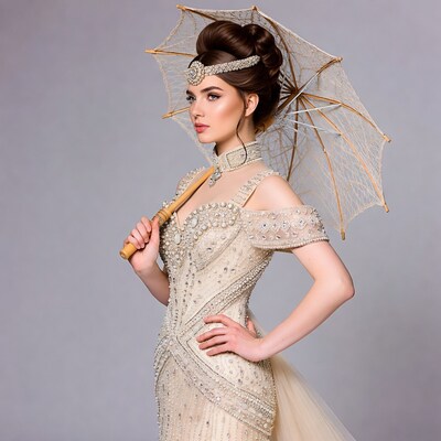 Elegant woman in beaded gown holding parasol