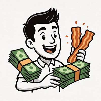 Cartoon man holding money and bacon
