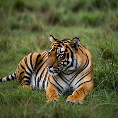 Tiger lying in green grass