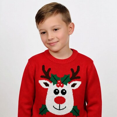 Boy in red reindeer Christmas sweater