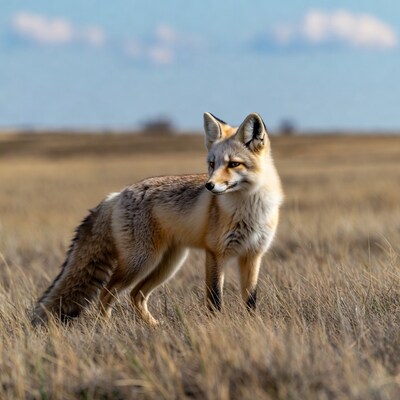 Red fox standing in golden grass field