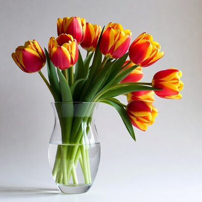 Red Yellow Tulips in Clear Vase