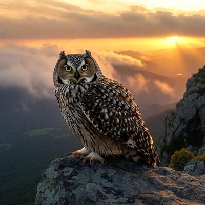 Owl perched on cliff at sunset