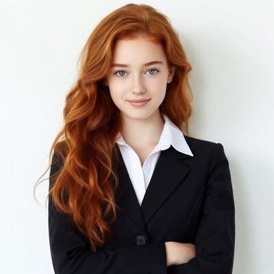 Redhead girl in black suit