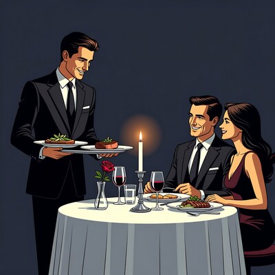 Waiter serving couple at candlelit dinner