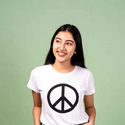 Asian woman in peace sign t-shirt