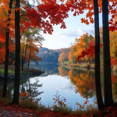 Autumn River Framed by Red Trees