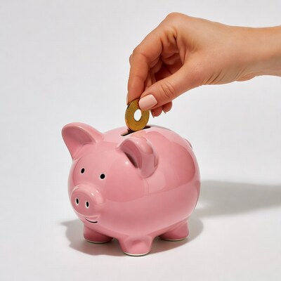Woman inserting coin into pink piggy bank