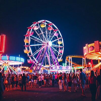 Crowd at Nighttime Carnival Ferris Wheel
