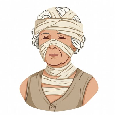 Elderly woman with head bandages