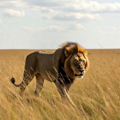 Lion walking in savanna grass