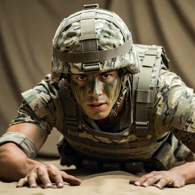 Soldier doing push-up in camouflage