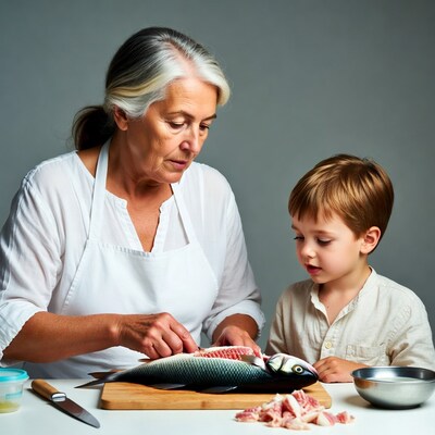 Grandmother filleting fish with boy
