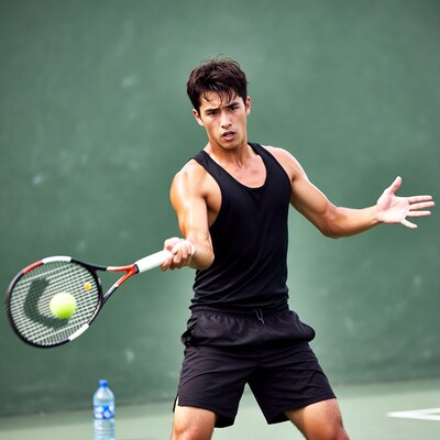 Asian man hitting tennis ball
