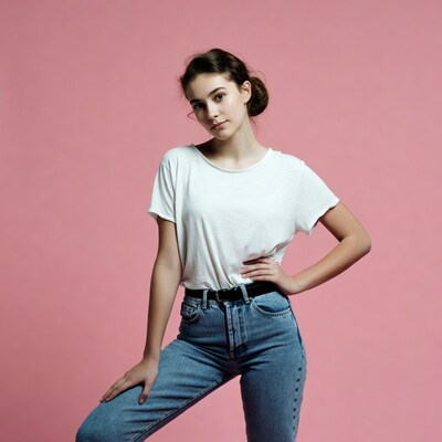 Young woman in white tee and jeans
