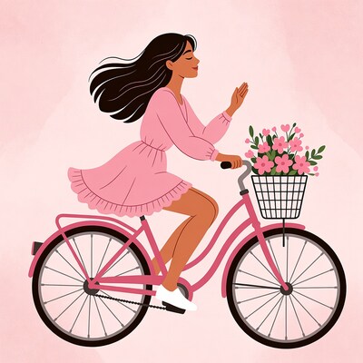 Woman riding pink bicycle with flowers