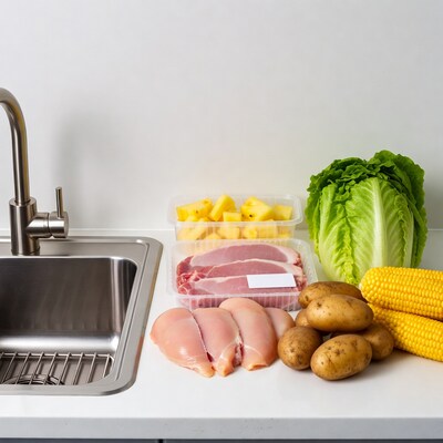Fresh meats vegetables on kitchen counter