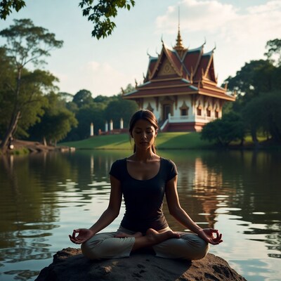 Asian woman meditating by Thai temple lake