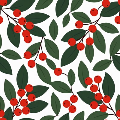Holly Berries Leaves Seamless Pattern